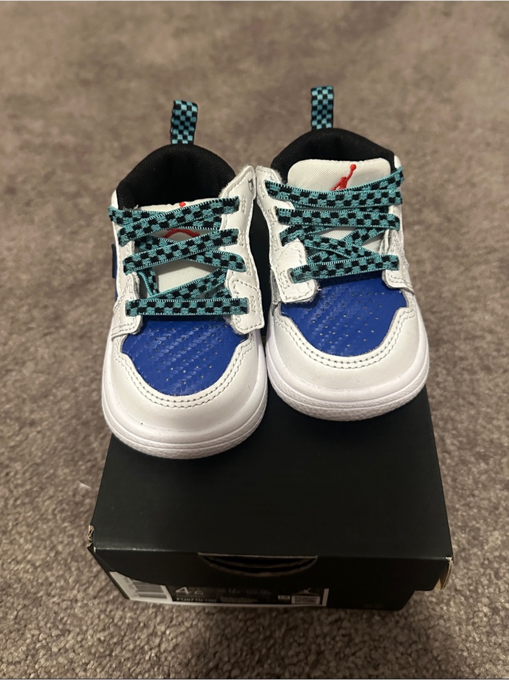 Jordan Kids White & Blue Sneakers with Teal Check Laces